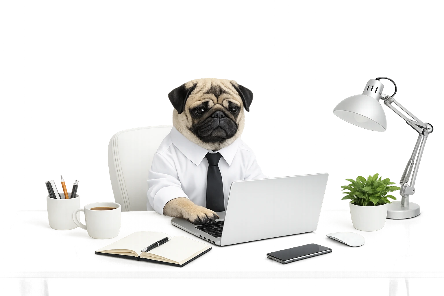 Pug working on a desk.