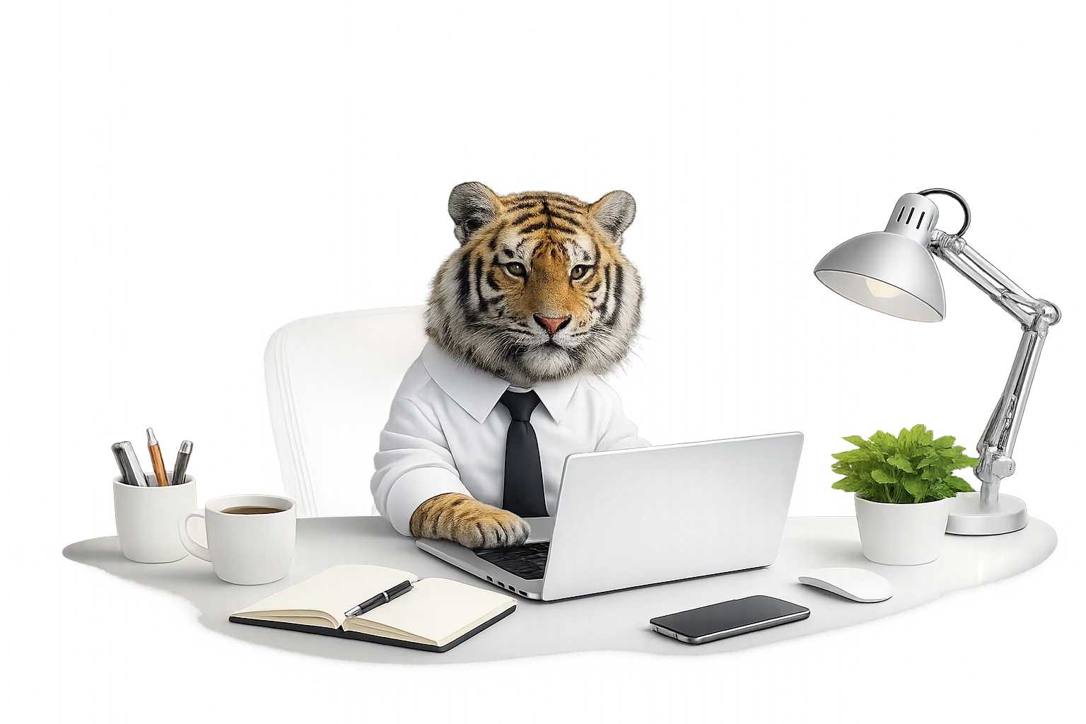 Tiger working on a desk.